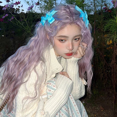 Ihomed Gray Purple Fleece Roll Medium Split Large Waves Lolita Long Curly Hair Bangs High Temperature Synthetic Wig