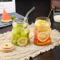 Ihomed 1/2pcs 500ml Glass Tumblers Cups With Straw Mason Jar Clear Juice Coffee Milk Cup With Bamboo Lids Drinkware Stripe Beer Mug