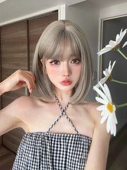 Ihomed 12Inch Gridelin Color Synthetic Lolita Wig With Bang Medium Natural Straight Hair Wig for Women Daily Cosplay Heat Resistant