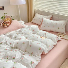 Ihomed Romantic Tulip Pink Bedding Set Bed Flat Sheet Pillowcase Twin Full Queen Bed Linen Kids Girls Floral Duvet Cover No Filling