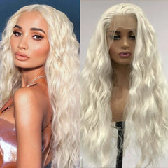 Ihomed Platinum Blonde Long Curly Synthetic Lace Front Wig Natural Wavy Deep Wave White Blond Colored Hair 13X4 Frontal Wigs for Women