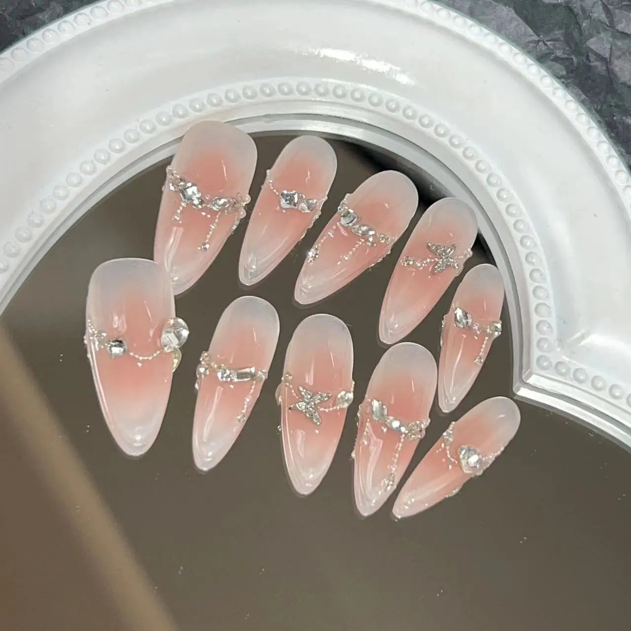 Ihomed 10Pcs Almond Handmade Nude Press on Nails Gradient Rhinestone Decoration False Nails Simple Wearable Manicure Fake Nail Tips