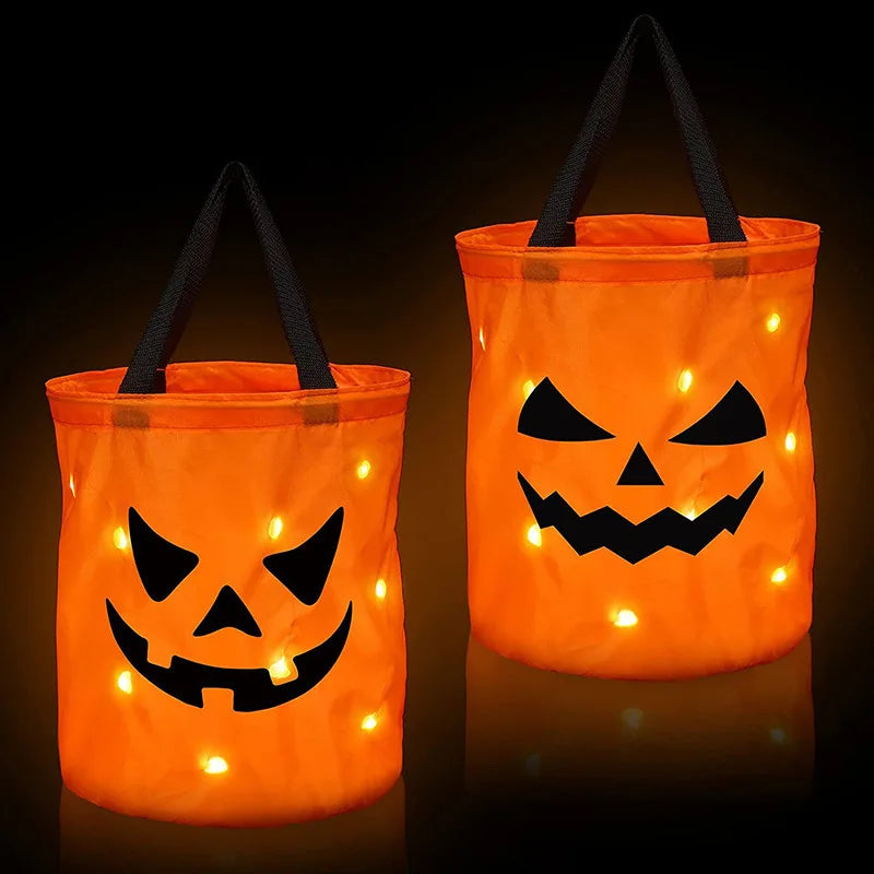 Ihomed LED Light Halloween Trick or Treat Bucket Pumpkin Candy Bags Collapsible Halloween Basket for Thanksgiving Party Gift Basket