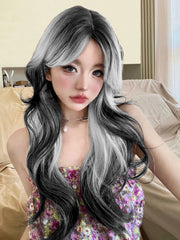 Ihomed 28Inch White Black Ombre Lolita Synthetic Wigs Middle Part Long Wavy Hair Wig for Women Cosplay Daily Use Cosplay Heat Resistant