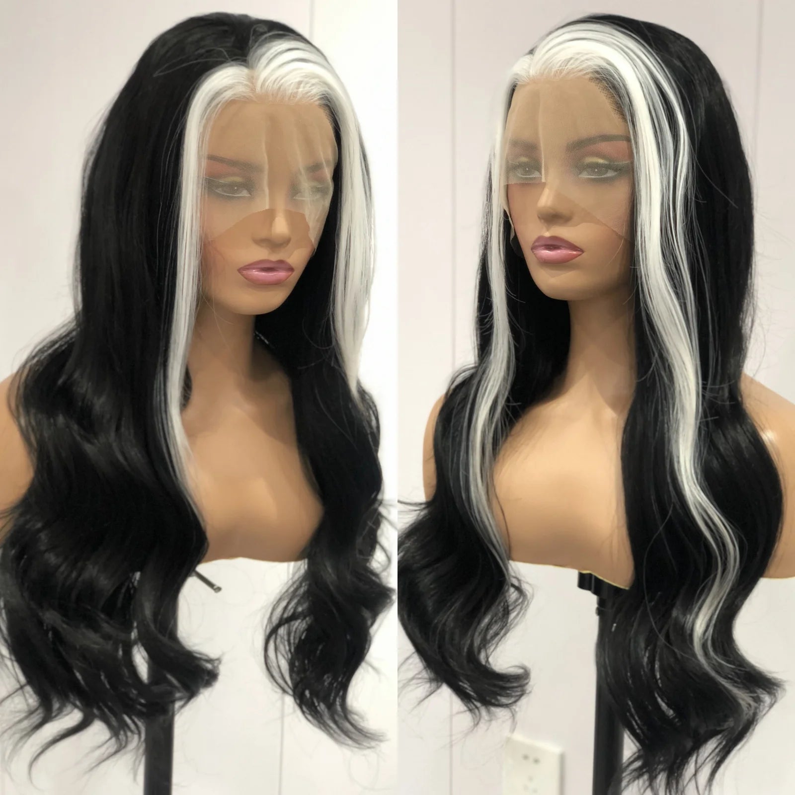 Ihomed Black White Highlight Wig Synthetic Lace Front Wig Long Curly Natural Wavy Colored Body Wave 13X4 Lace Frontal Wigs for Women