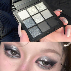 Ihomed 9 Color Smokey Shimmer Eyeshadow Matte Glitter Palette Sequin Eye Shadow Makeup Palette Cool Toned Gray Black Eye Pigment Palett