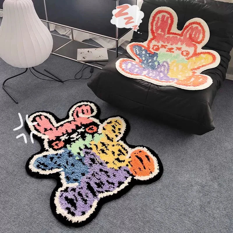 Ihomed Colorful Tufting Rabbit Mat Soft Fluffy Cartoon Animal Bedroom Living Room Carpet Pad Anti-slip Rug Home Kids Nursery Decor