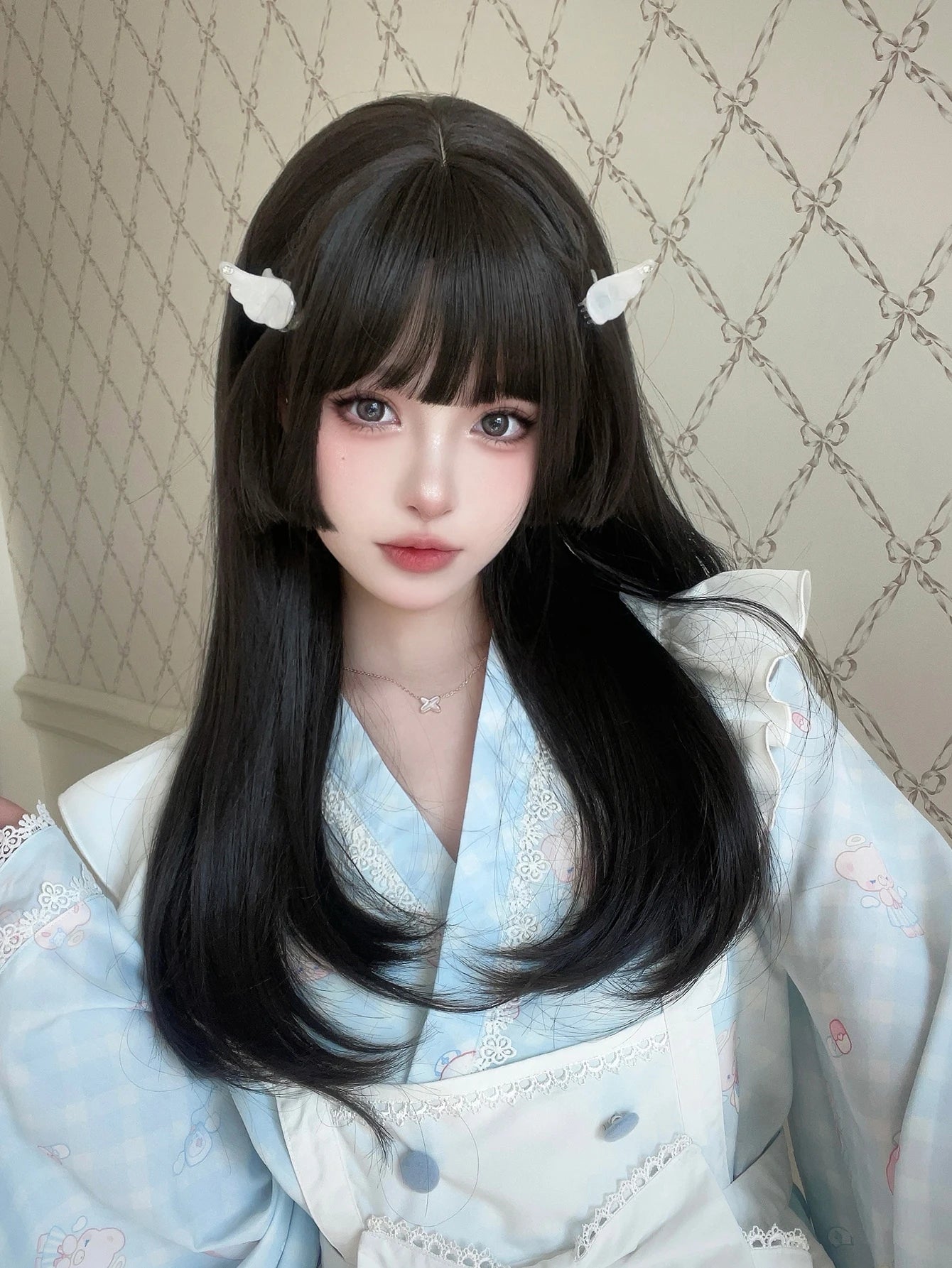 Ihomed 22Inch Black Lolita Hime Cut Synthetic Wigs with Bang Long Natural Straight Hair Wig for Women Daily Use Cosplay Heat Resistant