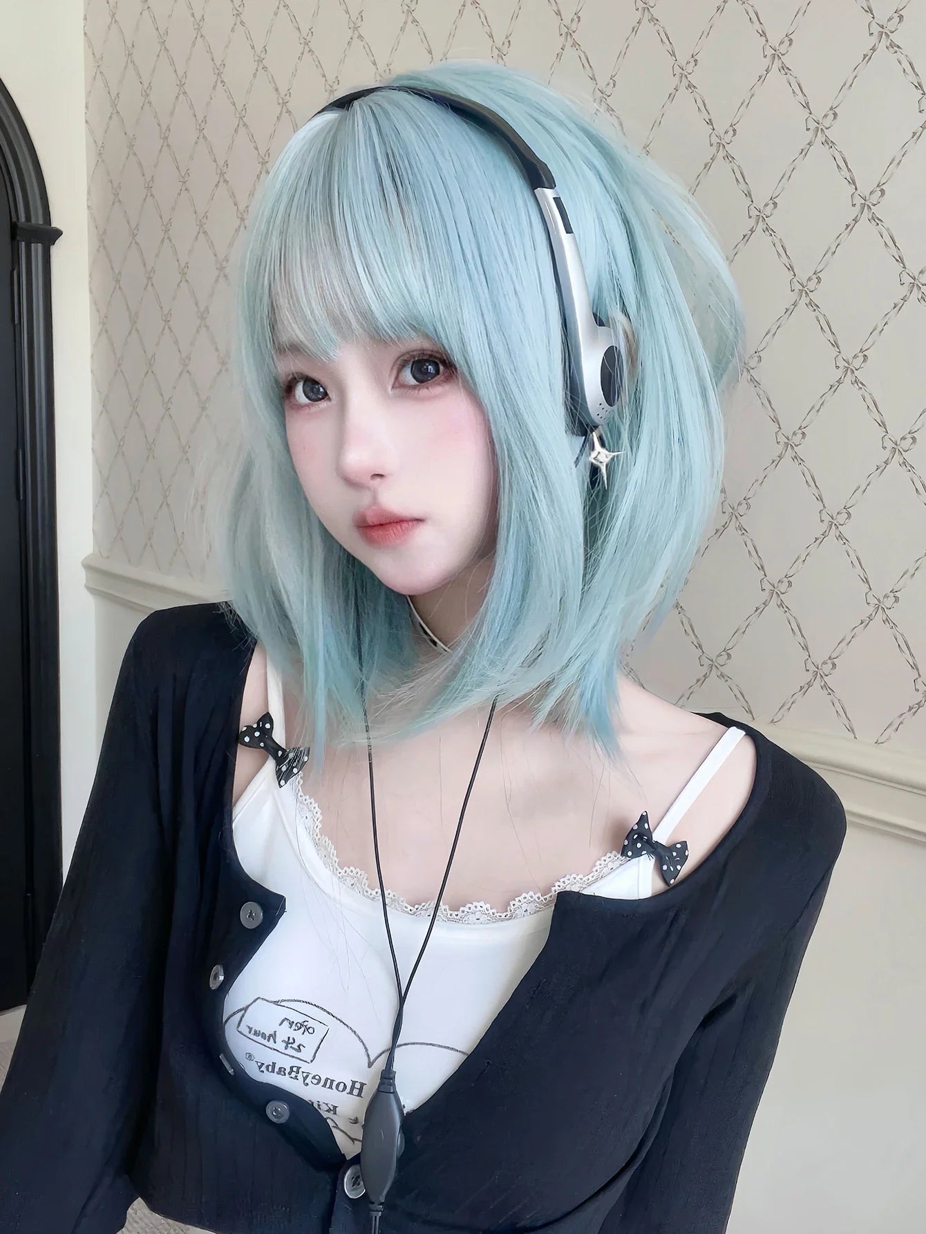 Ihomed 16Inch Ice Blue Color Synthetic Lolita Wig With Bang Medium Natural Straight Hair Wigs for Women Daily Cosplay Heat Resistant