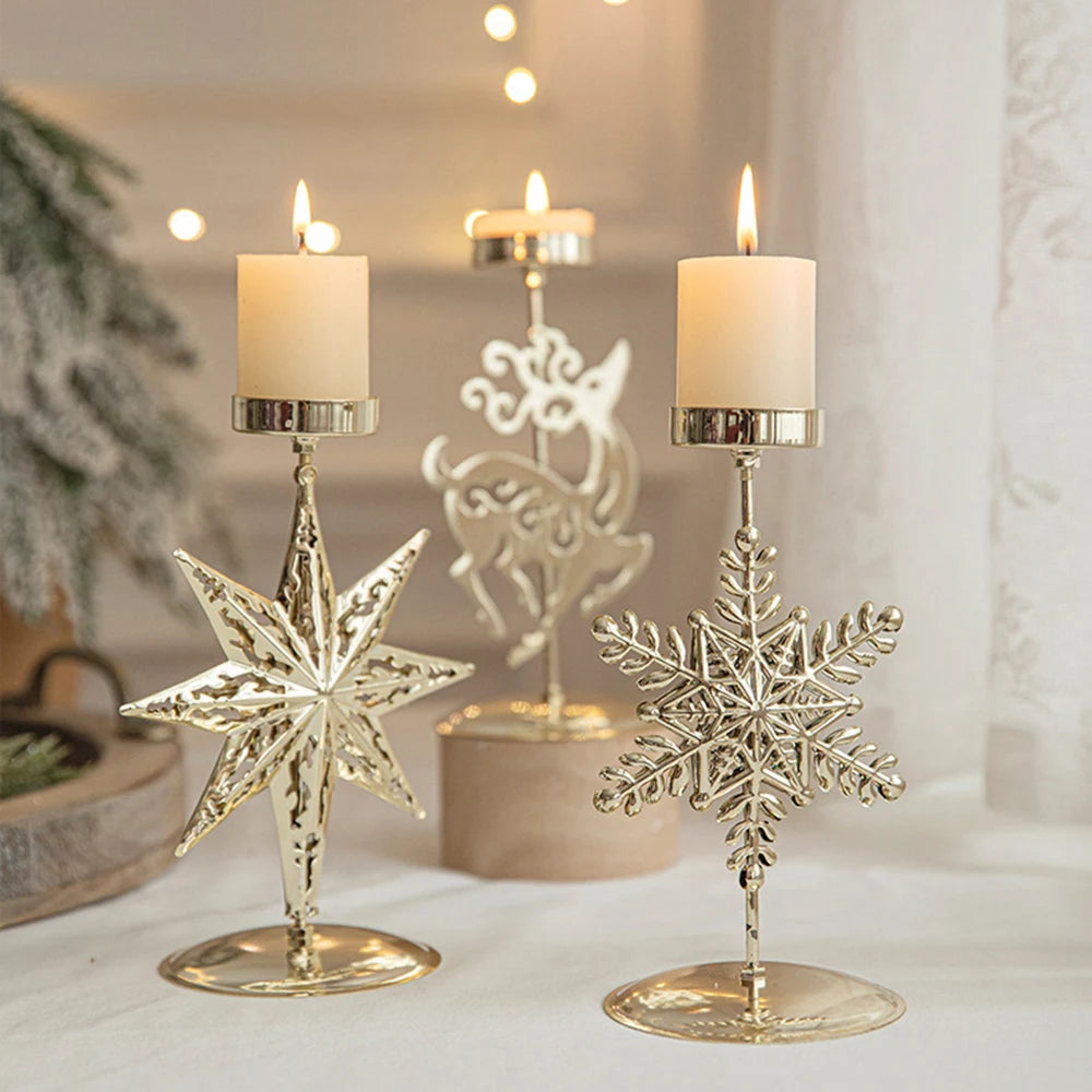 Ihomed Christmas Golden Wrought Iron Candlestick Star Elk Christmas Tree Candle Holder Merry Christmas New Year Table Decoration