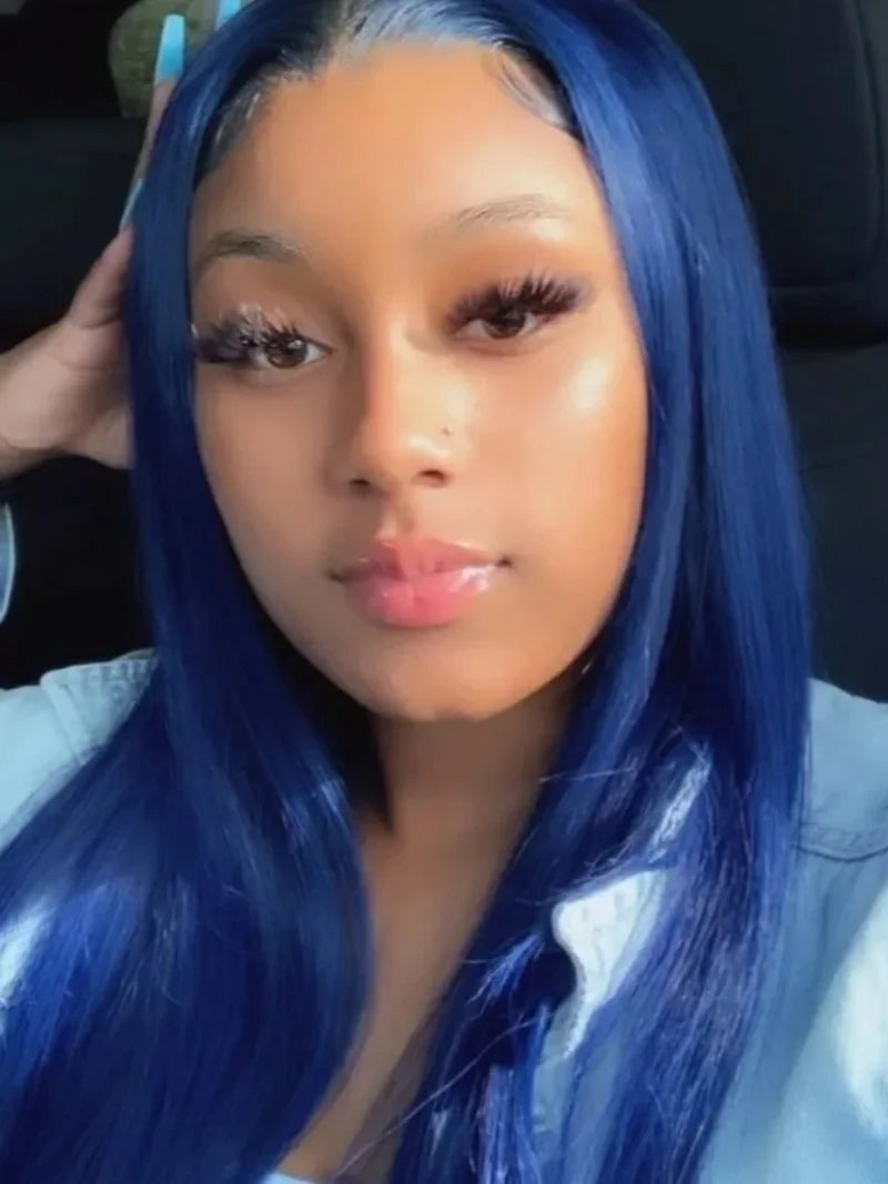 Ihomed Blue Wig Straight Synthetic Lace Front Wig Glueless Wigs Ready to Wear Long Blue Hair Wig Synthetic Hair Lace Wigs for Women