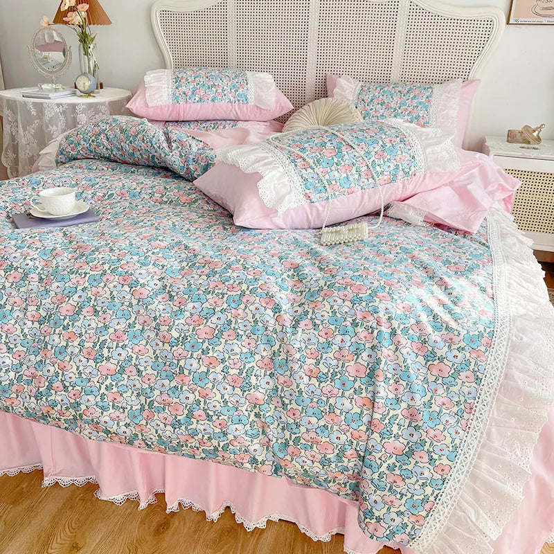 Ihomed Korean Floral Bed Sheet Set For Girls 100% Cotton Princess Ruffles Bedclothes Duvet Cover Pillowcase Bed Skirt King Home Textile