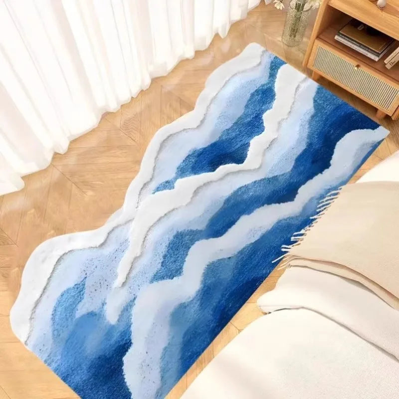 Ihomed Aesthetic Wave Rug High-Quality Flocking Antislip Carpet Bathroom Blue Sea Tufted Carpet House Decoration Kid Room Bedside Rug