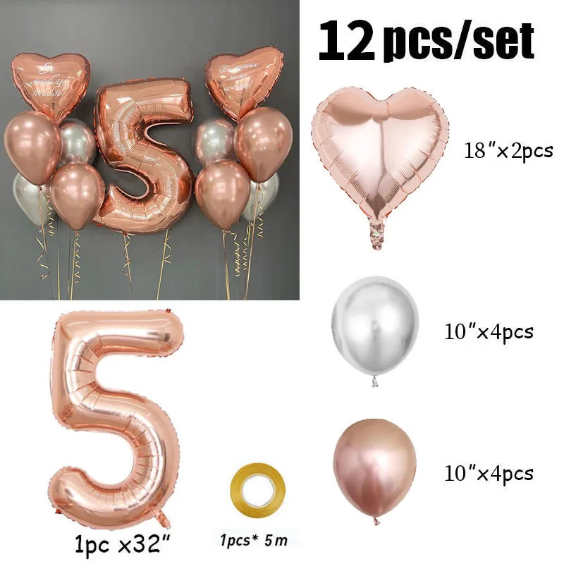 Ihomed 12pcs Rose Gold Number Heart Foil Balloons Birthday Party Decorations Kids Girl Boy 1 2 3 4 5 6 7 8 9 Year Old Metallic Supplies