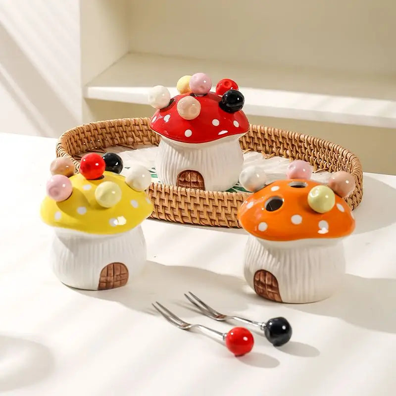 Ihomed Mushroom Fruit Fork Set Dessert Cake Stainless Steel Small Fork Storage Can Cute Fruit Forks storage box home kitchen acceesory