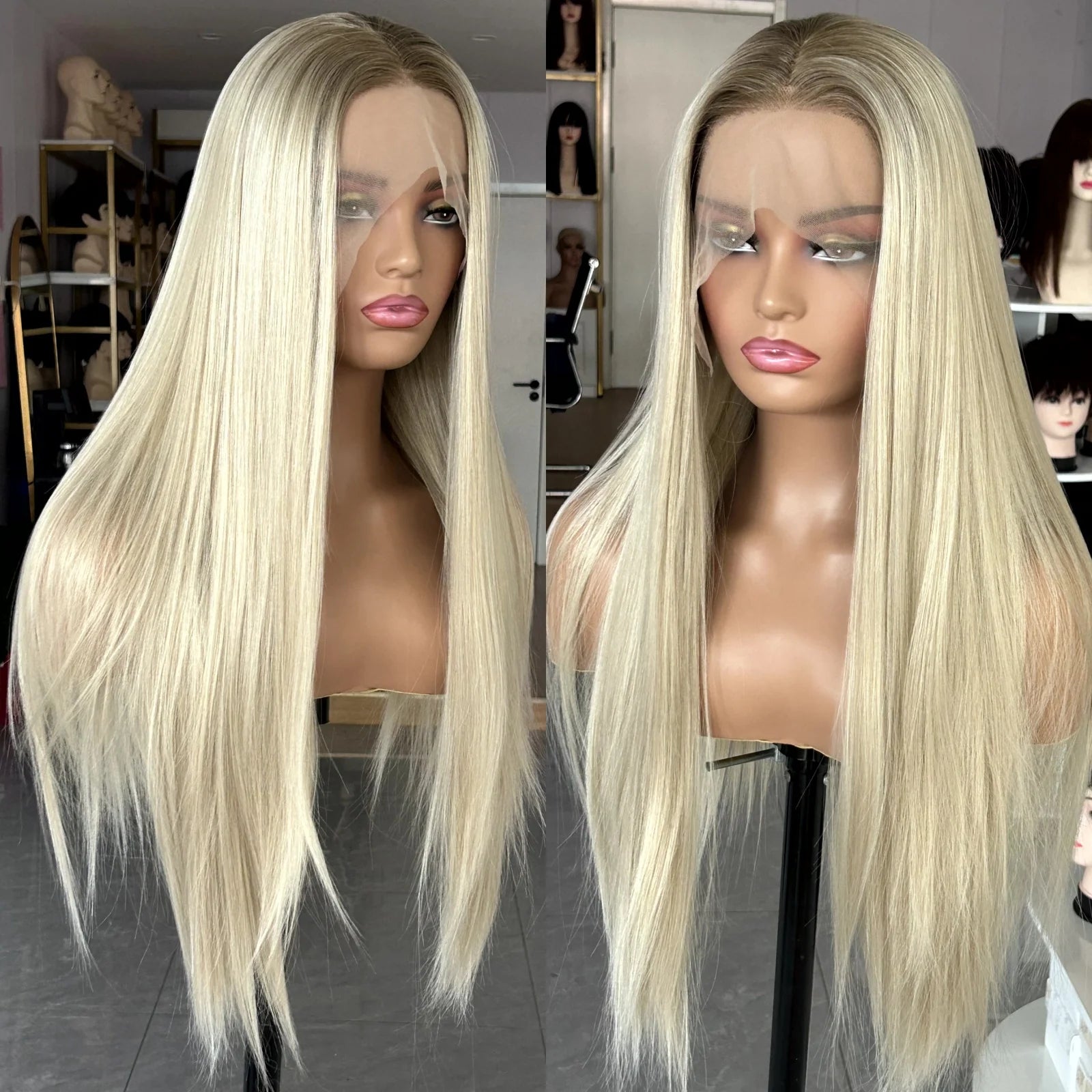 Ihomed Ombre Lace Front Wig Long Straight Synthetic Wig Brown Blonde Highlight Colored Hair 13X4 Frontal Wigs for Women Party Cosplay