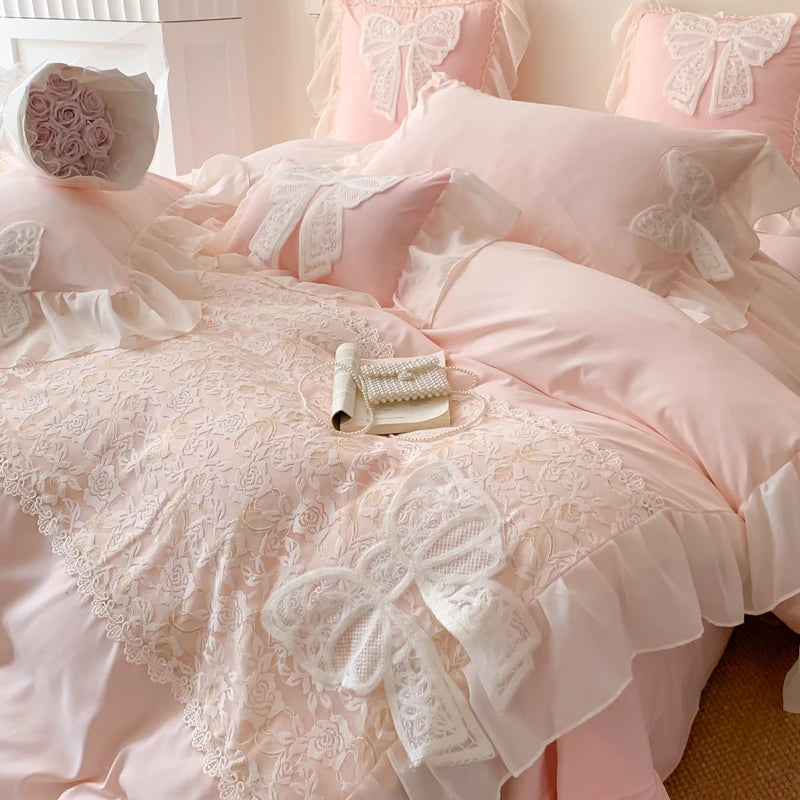 Ihomed Korean Princess Bedding Set Coquette Lace Bow  Beauty Solid Color Lace Ruffle Comforter Sets Luxury Girls Wedding  Duvet Cover