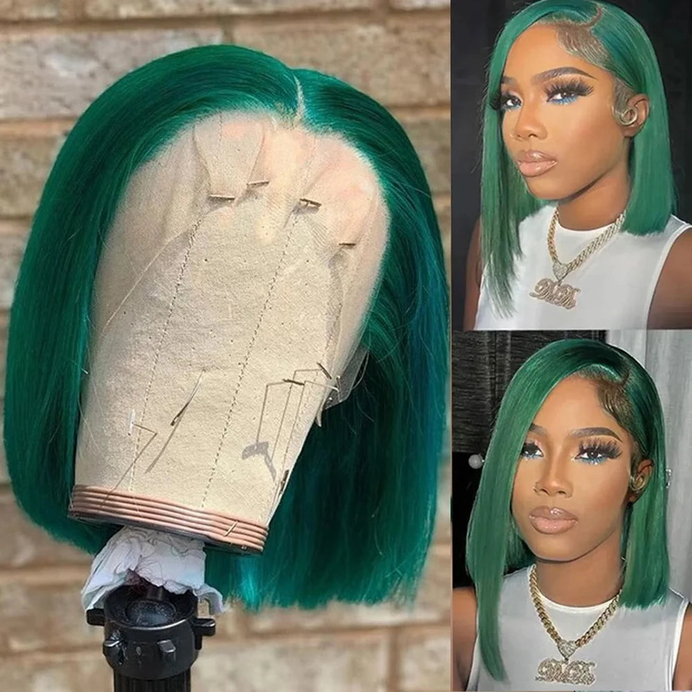 Ihomed Short Bob Dark Green Straight Human Hair Wigs For Women Colored Brazilian Remy Hair 13x4 Transparent  Lace Wigs 200% Density