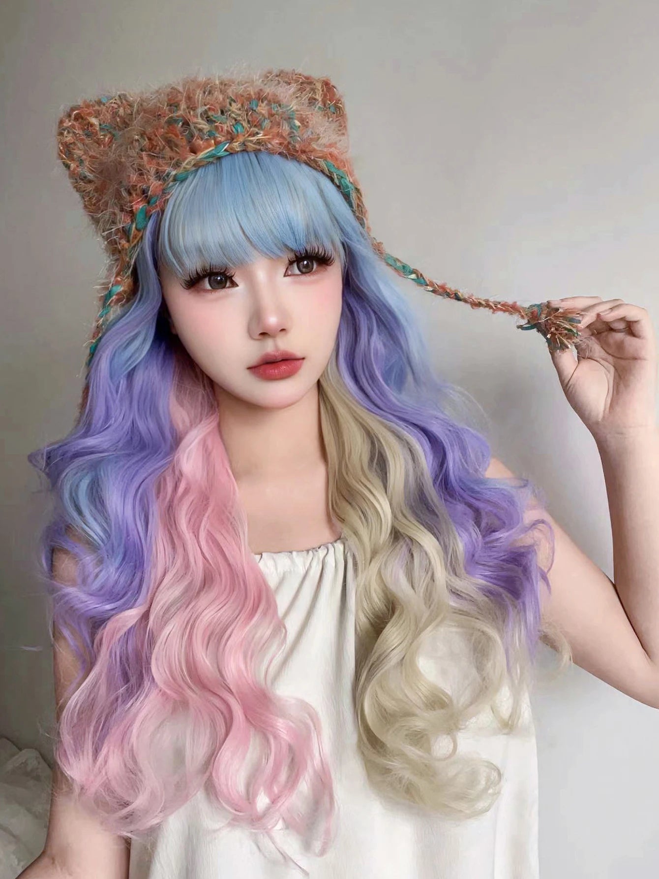 Ihomed 28Inch Blue Pink Purple Blonde Mix Color Synthetic Magic Wigs With Bang Long Natural Wavy Hair Wig For Women Cos Heat Resistant