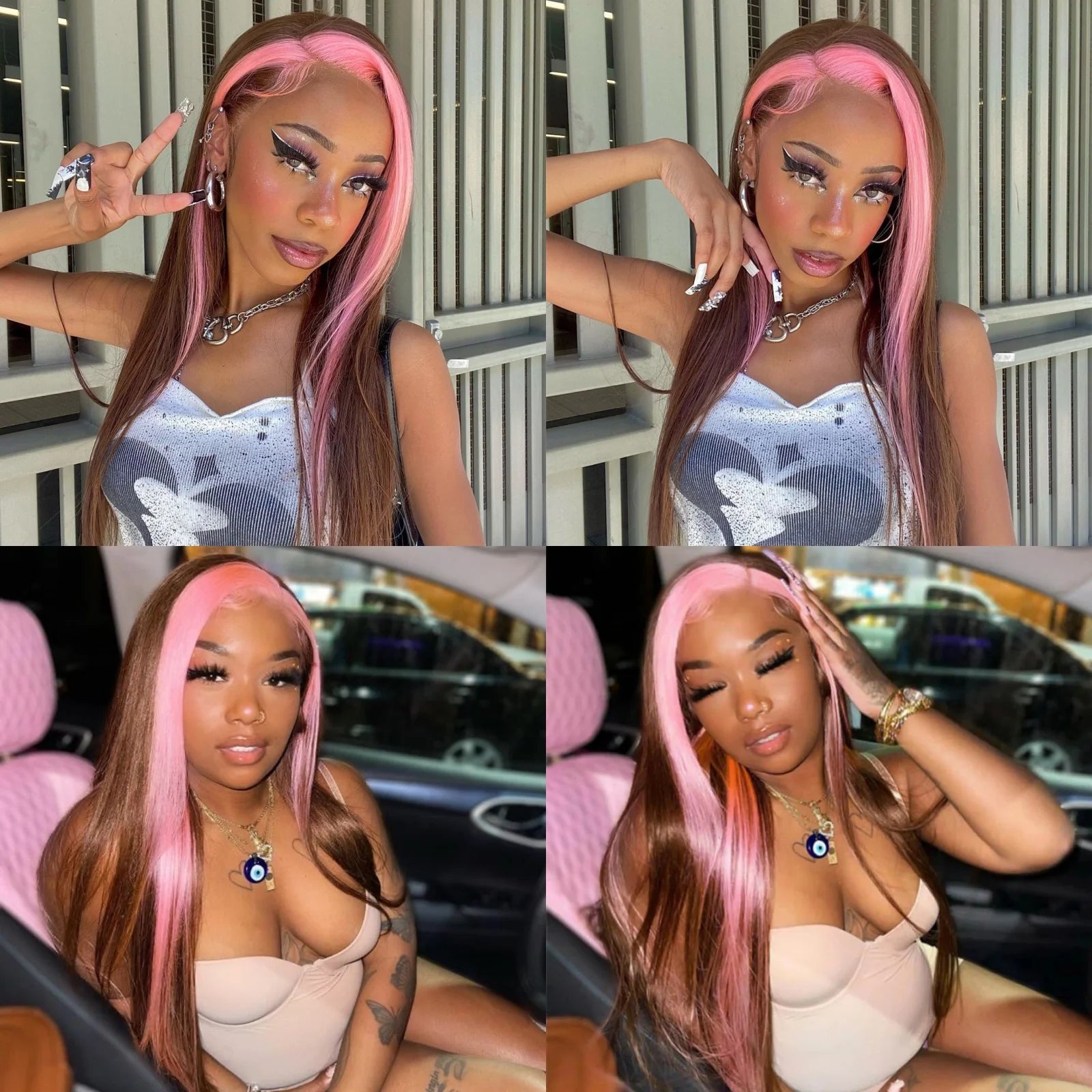 Ihomed Brown Highlight Wig with Pink Streak Long Straight Synthetic Lace Front Wig 13X4 Brunette Colored Hair Frontal Wigs for Women