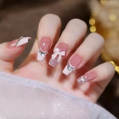 Ihomed 24Pcs Pink Long Coffin False Nails with Heart-shaped Rhinestone Wearable Ballet Fake Nails DIY Finished Nail Tips Press on Nails