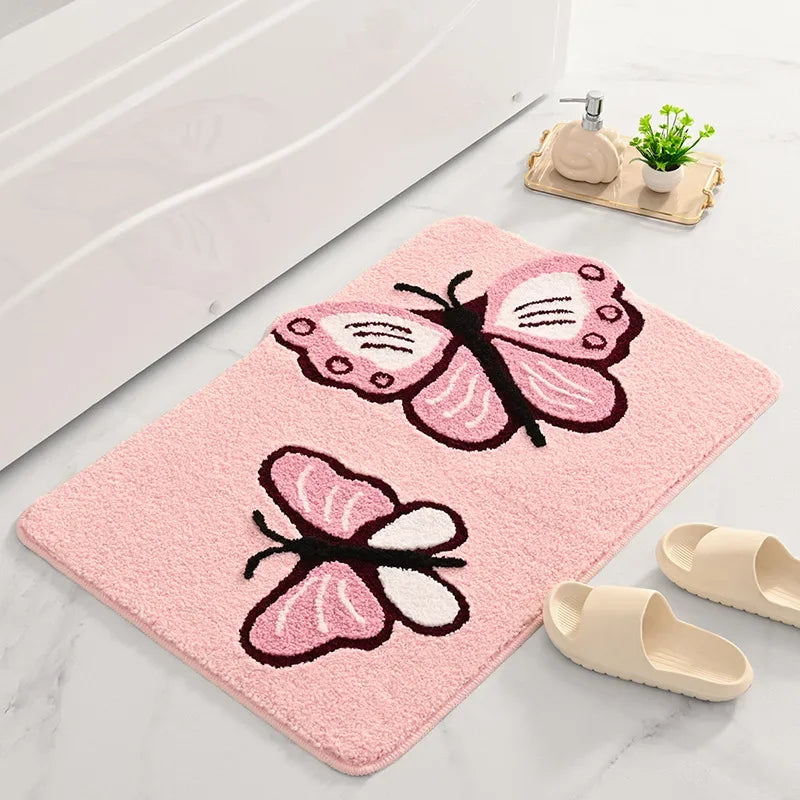 Ihomed Butterfly Pattern Rug Luxury Rugs For Bathroom Super Absorbent Foot Bath Mats Shaggy Bathroom Rugs Non-Slip Modern Bath Carpet