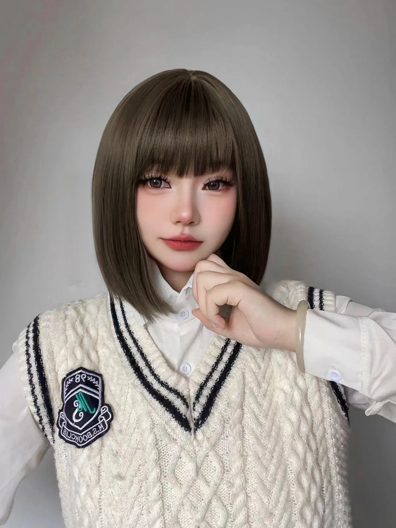 Ihomed 12Inch Lolita Tea Brown Preppy Style Synthetic Wigs With Bang Short Natural Straight Hair Wig For Women Daily Use Heat Resistant