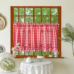 Ihomed Classic Red Plaid Ruffle Short Curtain Sheer For Kitchen Retro Soft Tulle Curtains For Bedroom Small Window Coffee Half-curtain