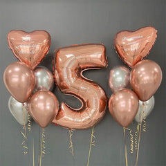 Ihomed 12pcs Rose Gold Number Heart Foil Balloons Birthday Party Decorations Kids Girl Boy 1 2 3 4 5 6 7 8 9 Year Old Metallic Supplies