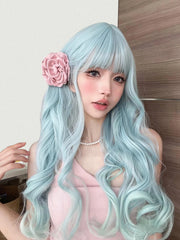 Ihomed 24Inch Sky Blue Refreshing Lolita Synthetic Wigs With Bang Long Natural Wavy Hair Wig For Women Daily Cosplay Heat Resistant