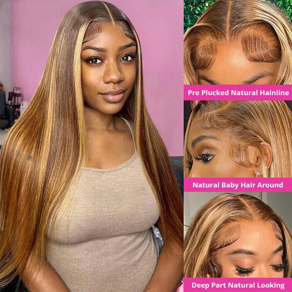 Ihomed 36 Inch Straight Highlight Wigs Human Hair 100% Pre Plucked Honey Blonde Colored 13x6 Transparent Lace Frontal Wig For Women