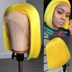 Ihomed Bob Short Straight Human Hair Wigs Yellow Colored Lace Front Wigs For Women Lemon Yellow Straight Bob Wig Lace Frontal Wigs