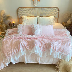 Ihomed Pink Korean Princess Style Lace Ruffles Wedding Bedding Set Seersucker Washed Cotton Soft Duvet Cover Set Bed Sheet Pillowcases