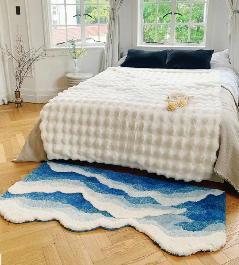 Ihomed Blue Sea Pattern Tufted Rug Flocking Carpet Aesthetic Home Pad Funny Japanese Style Tufting Rug Cute Floor Pad Anti Slip Doormat