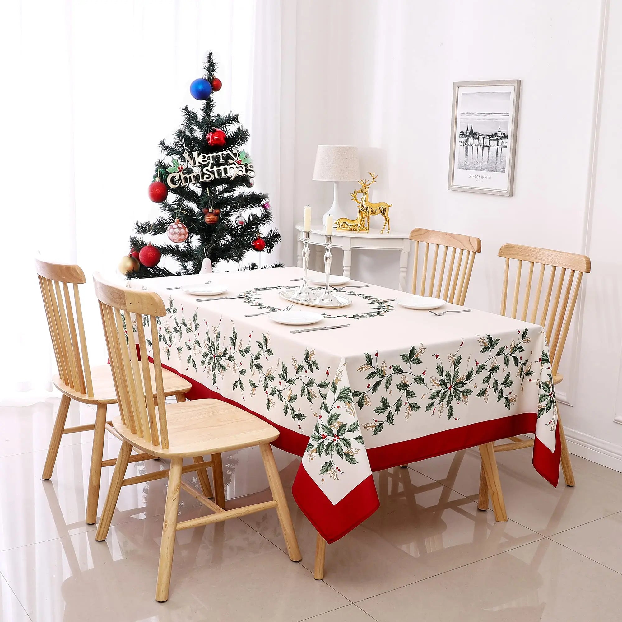 Ihomed Christmas Leaves Print Tablecloth Waterproof and Stain Resistant Table Cloth Decorative Tablecloths is Suitable for Holidays