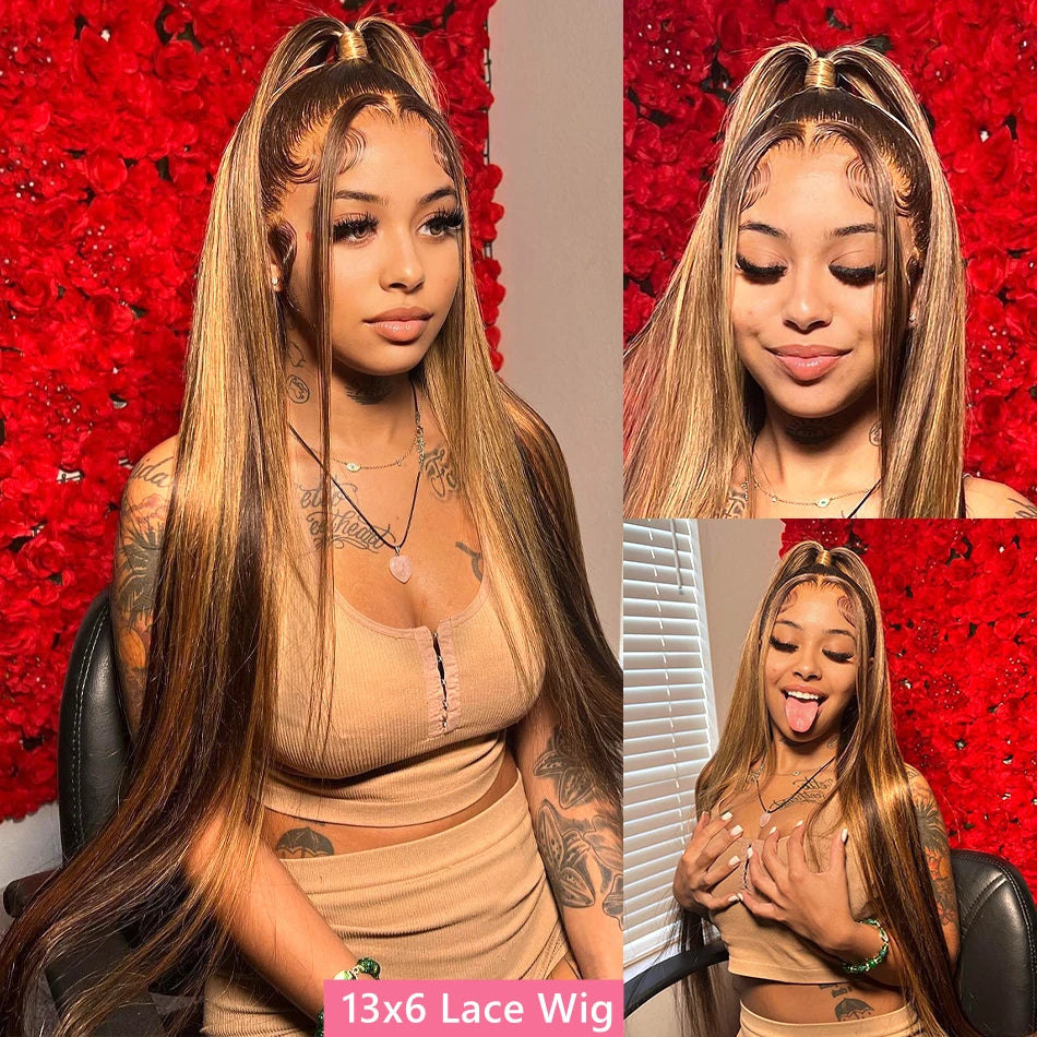 Ihomed 36 Inch Straight Highlight Wigs Human Hair 100% Pre Plucked Honey Blonde Colored 13x6 Transparent Lace Frontal Wig For Women