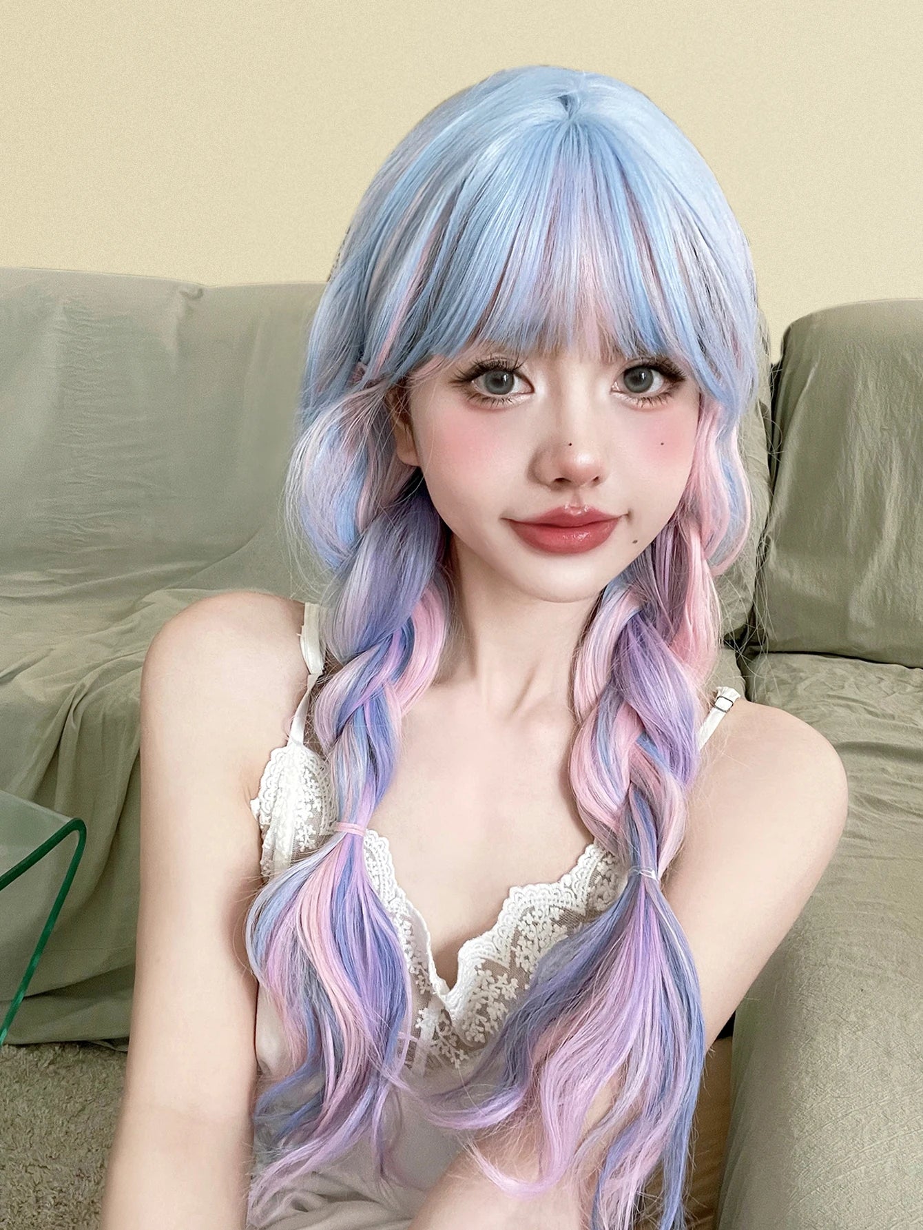 Ihomed 26Inch Fantasy Purple Mix Lolita Synthetic Wigs With Bang Long Natural Wavy Hair Wig For Women Cosplay Daily Use Heat Resistant