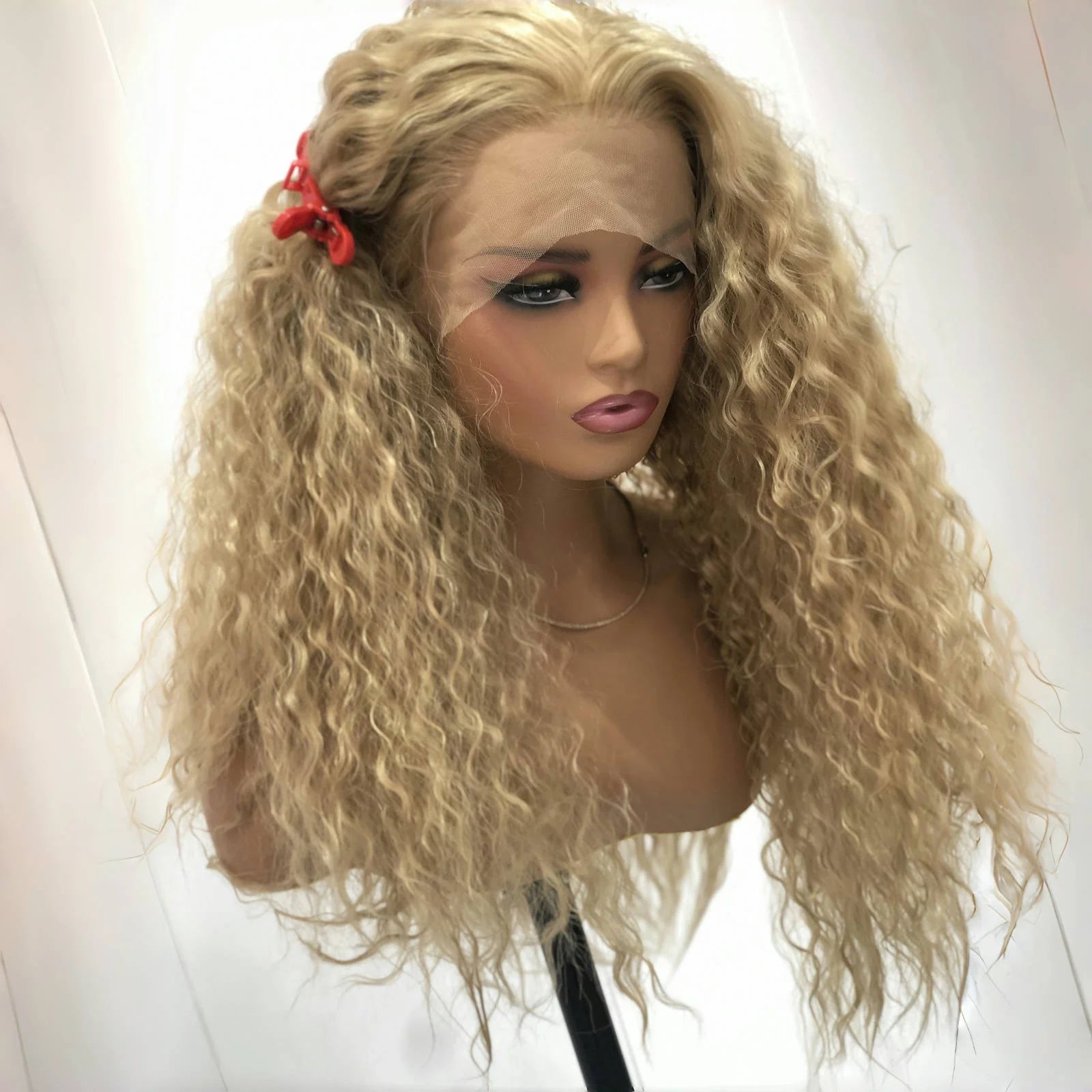 Ihomed Ash Blonde Wig Long Blonde Curly Wig Synthetic Lace Front Wig Glueless Wigs Ready to Wear Water Wave Curly Lace Wigs for Women