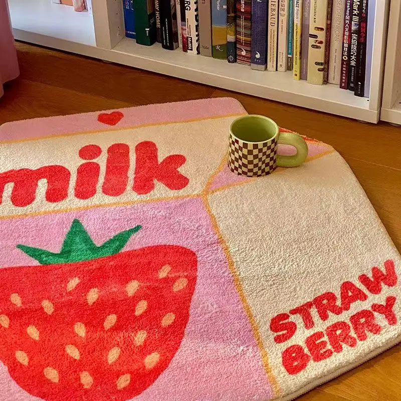 Ihomed Cute Milk Floor Mat Pink Strawberry Household Bedside Carpet Cartoon Room Decoration Anti Slip Rugs Aesthetic Rug