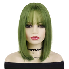 Ihomed Green Halloween Cosplay Wig Synthetic Natural Soft Short Bob Wigs with Bangs for Women Lady Masquerade Party Heat Resistant