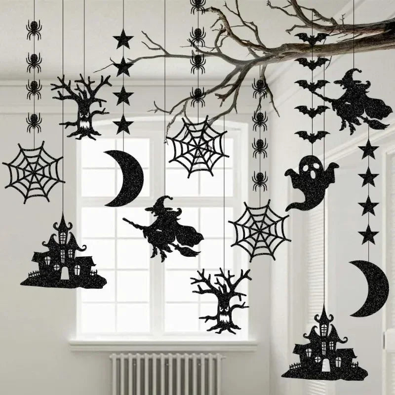 Ihomed 6pcs Halloween Hanging Banner Garland Scary Spider Witch Ghost Bat Pendant Ornament Happy Halloween Party Decorations for Home