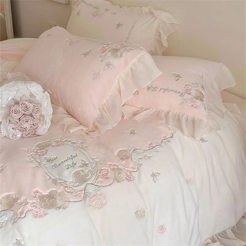 Ihomed French Romantic Bedding Set Luxury Flower Embroidery Princess Pink Ruffle Milk Velvet Quilt Duvet Cover Bed Sheet Set Bedclothes