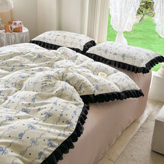 Ihomed  Korean style small fresh blue bow lace four piece set, washed bubble cotton quilt cover, bed sheet, 3-piece set