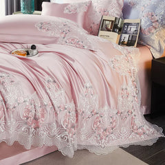 Ihomed High end Hotel Wedding Bedding Set Bed Linen Duvet Cover Set With Embroidery 600 Thread Long Staple Cotton Pink Princess 3/4 PCS