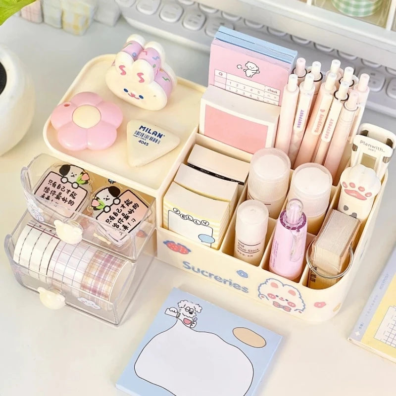 Ihomed Ins Kawaii Desk Organizer Storage Box Cute Bear Handle Drawer Stationery Pen Holder Sticky Note Tape Storage Box Organizer Rack