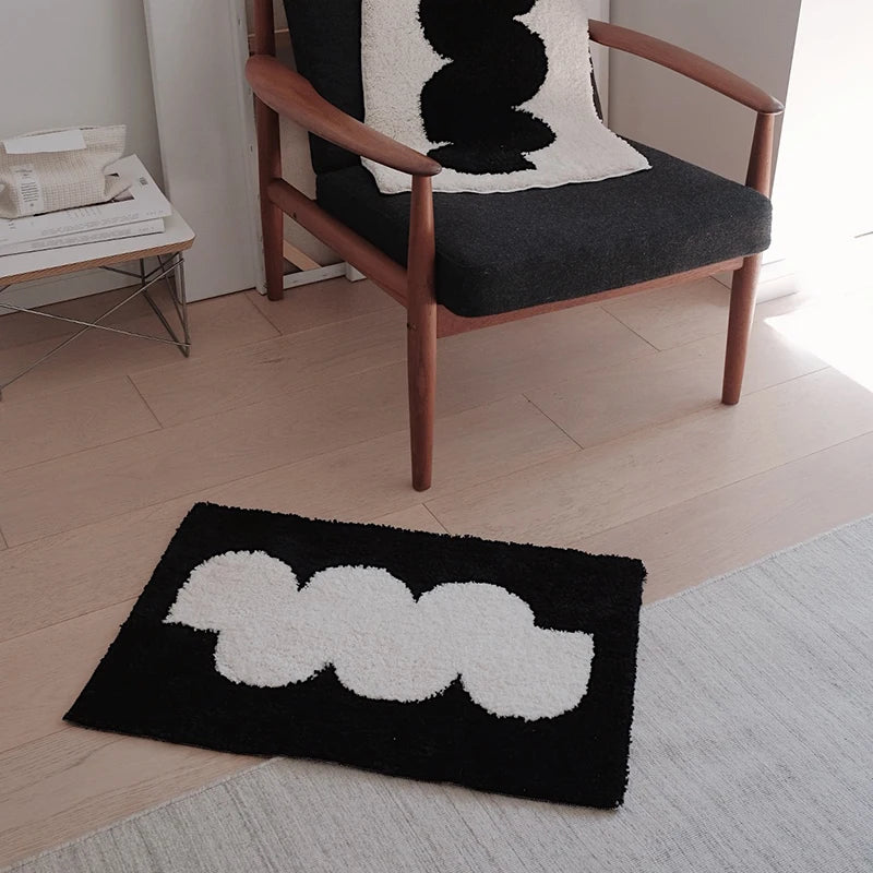 Ihomed Black White Tufting Bedside Rug Soft Geometric Bathmat Bedroom Carpet Cloakroom Mat Floor Pad Tidy Aesthetic Home Decor