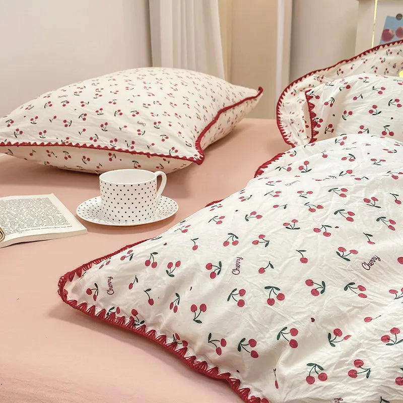 Ihomed INS Girls Cherry Bedding Set Soft Washed Cotton Bed Sheet Queen King Size Simple Quilt Cover Pillowcase Bed Linens