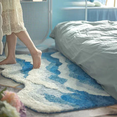 Ihomed Aesthetic Wave Rug High-Quality Flocking Antislip Carpet Bathroom Blue Sea Tufted Carpet House Decoration Kid Room Bedside Rug