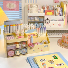 Ihomed Multifunctional Kawaii Pen Holder Organizer Desktop Stationery Pencil Storage Box Drawer Desk Cute Ins Multi-layer Storage Box