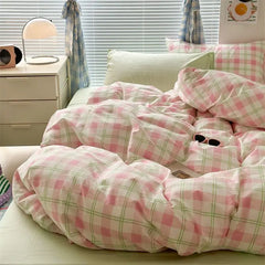 Ihomed INS Pink Green Lattice Stripe Bedding Set Plaid Duvet Cover Soft Microfiber Bed Linen Twin Full Queen Size Grid Home Textiles